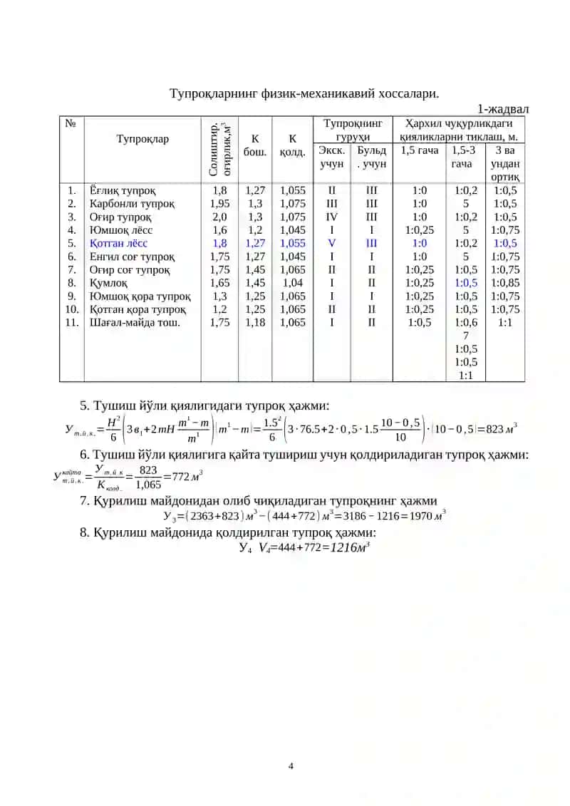 Курс лойиҳаси: БИР ЧЎМИЧЛИ ЭКСКВАТОРЛАР БИЛАН ҲАНДАҚЛАРНИ ҚАЗИШ ТЕХНОЛОГИЯСИ 4