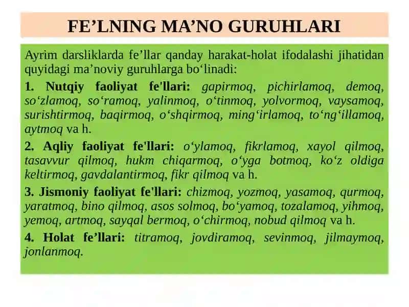 FE’LNING TA’RIFI, LEKSIK-GRAMMATIK XUSUSIYATLARI 4
