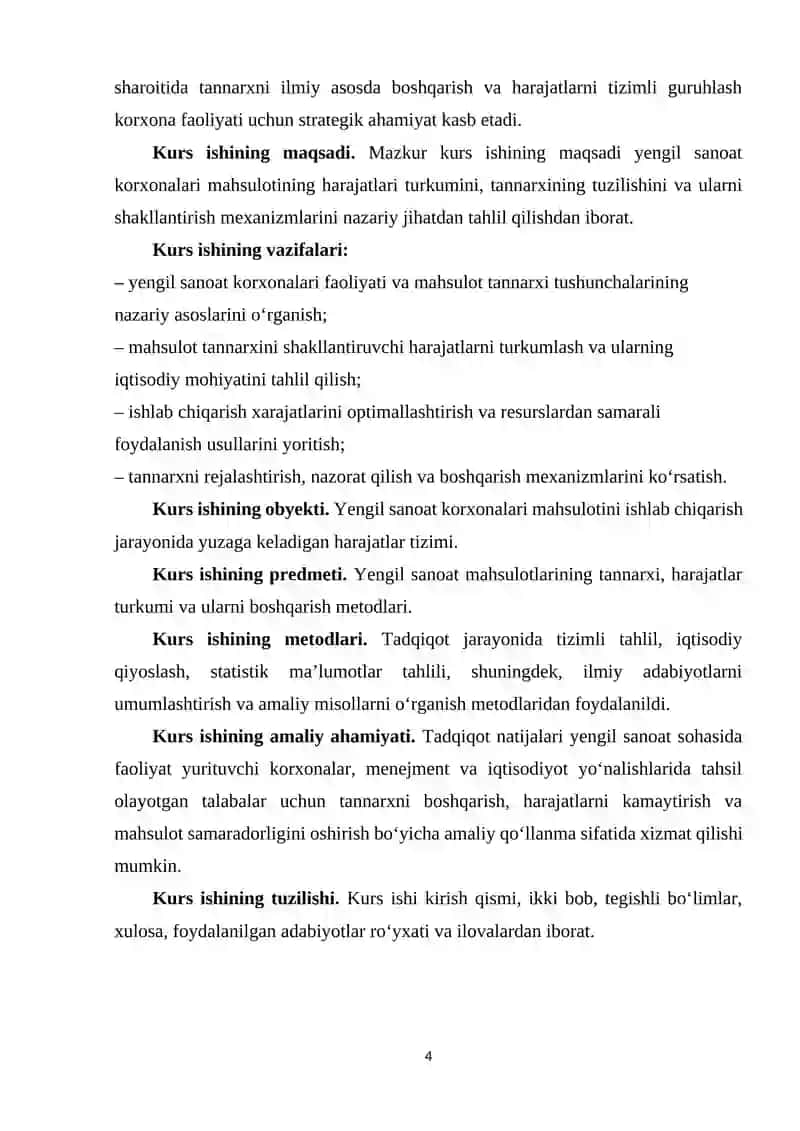 Yengil sanoat korxonalari mahsulotining harajatlari turkumi va tannarxining tuzulishi 4