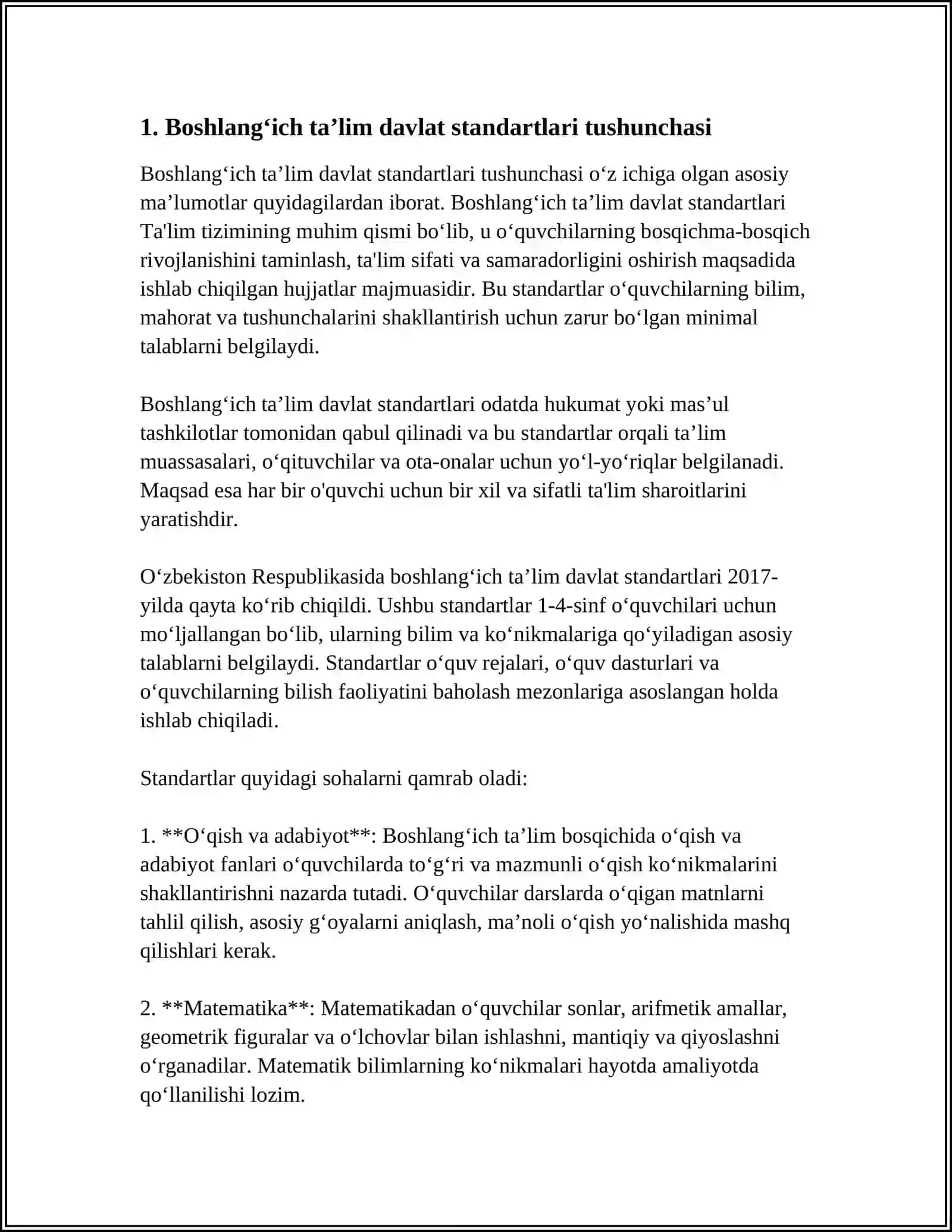 BOSHLANGʻICH TAʼLIM DAVLAT STANDARTI MAZMUNI 4