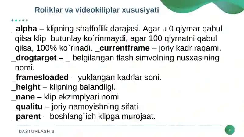 Roliklar va videokiliplar xususiyati. Kiritish madonlarini hosil qilish. if, if…else shartli operatorlarini rolikda qo`llanilishi 4