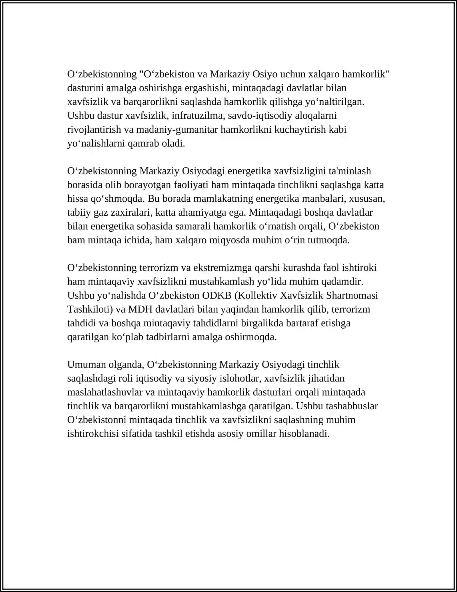 O‘ZBEKISTONNING MARKAZIY OSIYODA TINCHLIK VA BARQARORLIKNI TAMINLASHDAGI O’RNI 4