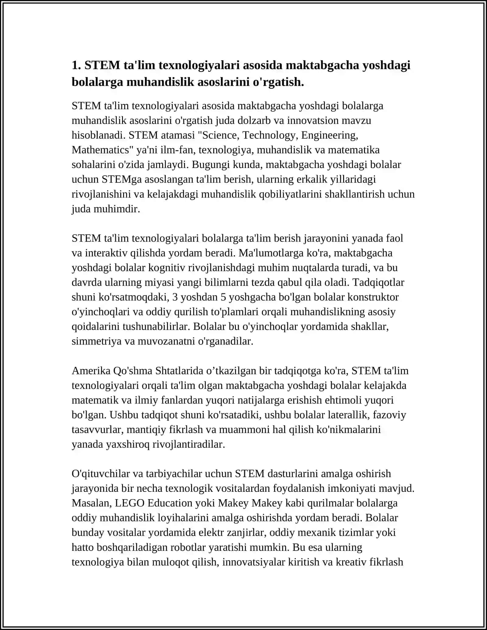ILK QADAM DAVLAT DASTURI BOʻYICHA MAKTABGACHA YOSHDAGI BOLALARDA STEAM TALIM TEXNALOGIYASI ASOSIDA TALIM TARBIYA BERISH MASALALARI 4