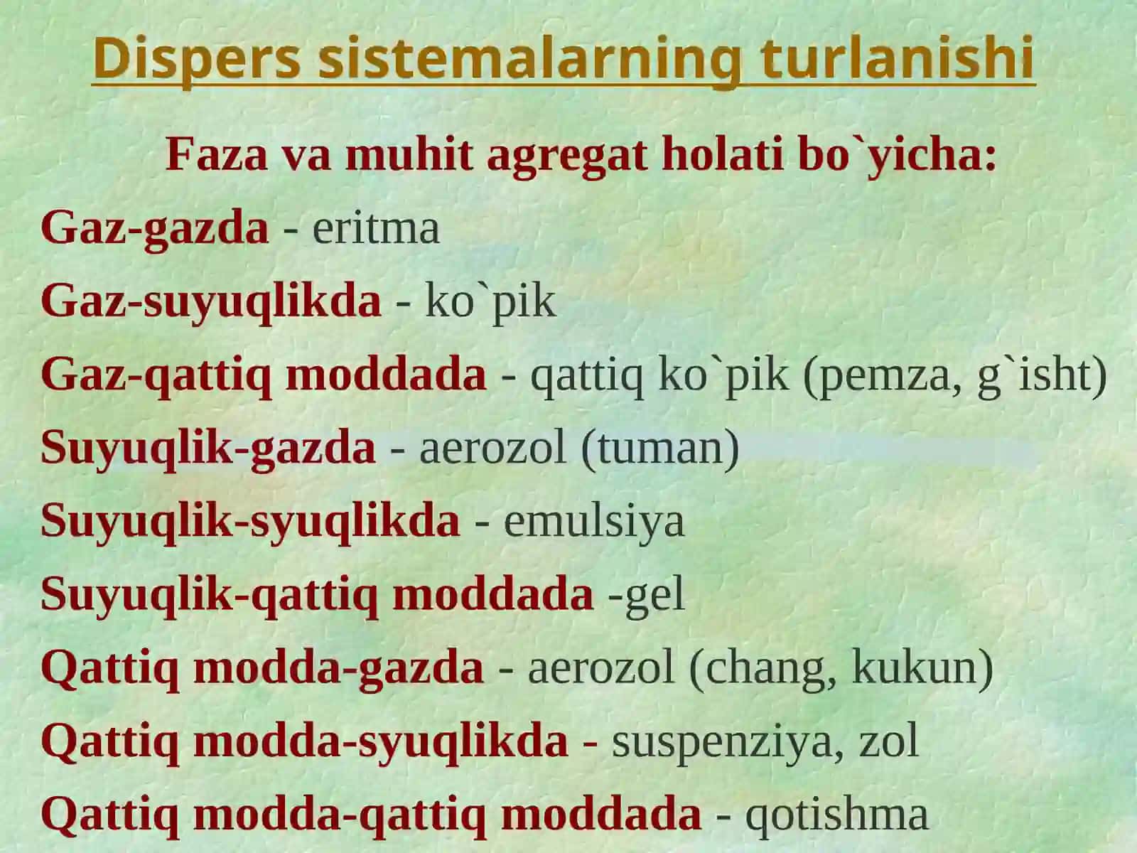 DISPERS SISTEMALAR.KOLLOID DISPERS SISTEMALARNI OLINISHI VA HOSSALARI. KOLLOID DISPERS SISTEMALARNING BARQARORLIGI 4