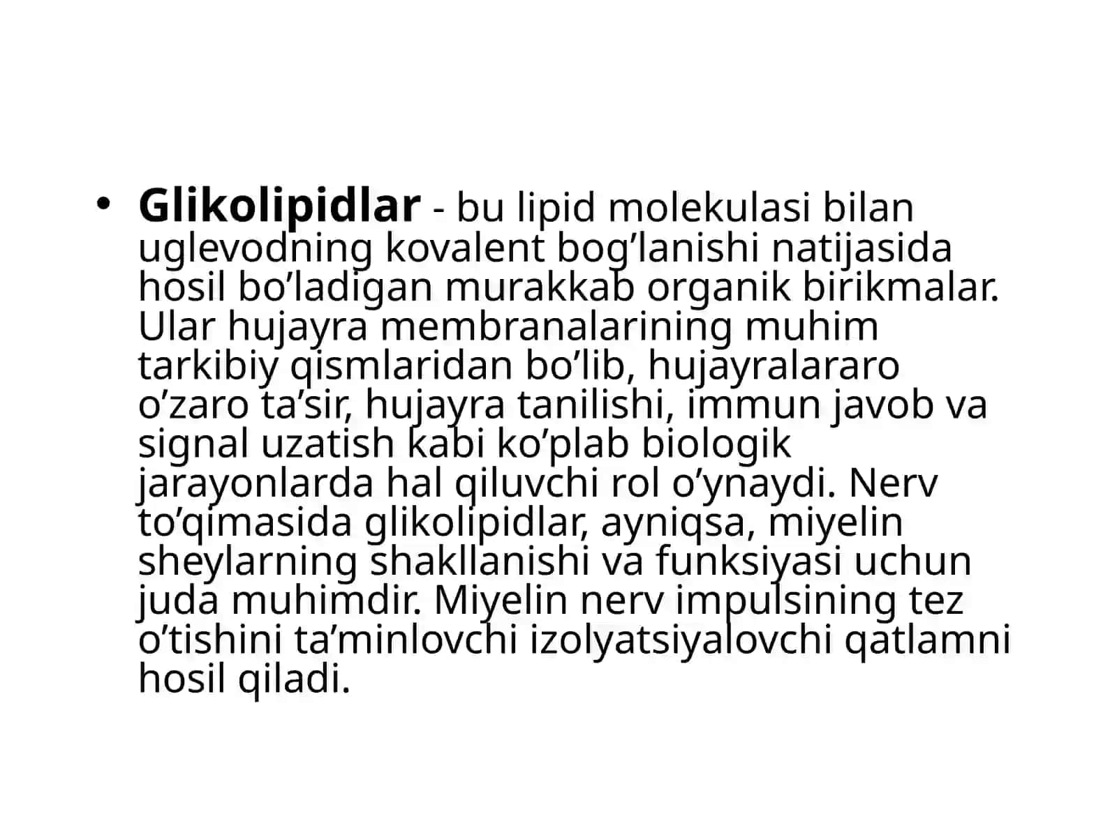 Nerv to'qimasining asosiy glikolipidlari, ahamiyati, ular bilan bog'liq kasalliklar. 4