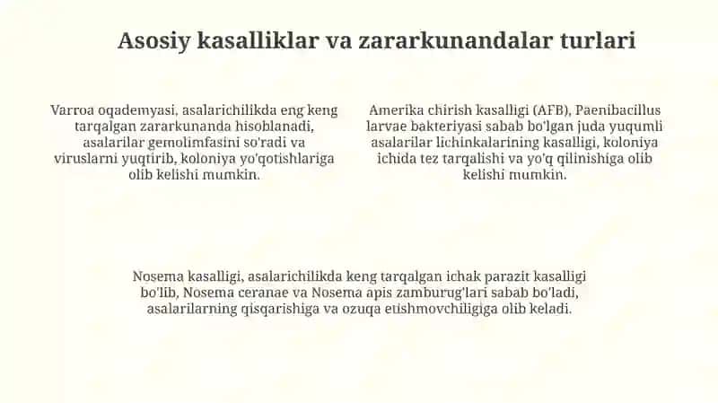Asalarilar kasalliklari va zararkunandalarini erta aniqlash va profilaktika 4