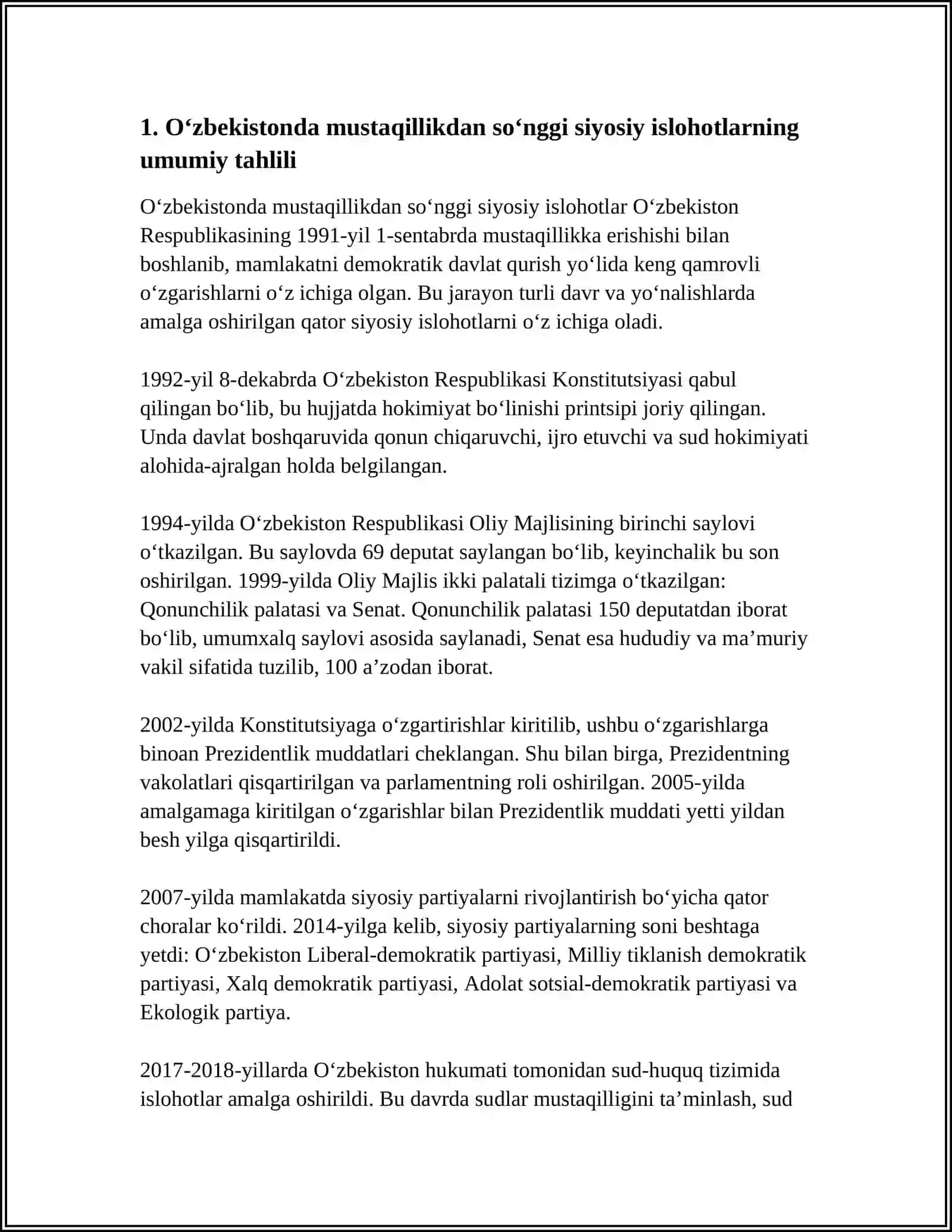 OʻZBEKISTONDA DEMOKRATIK, FUQAROLIK JAMIYATI ASOSLARING SHAKLLANISHI, AMALGA OSHIRILGAN SIYOSIY ISLOHOTLAR 4