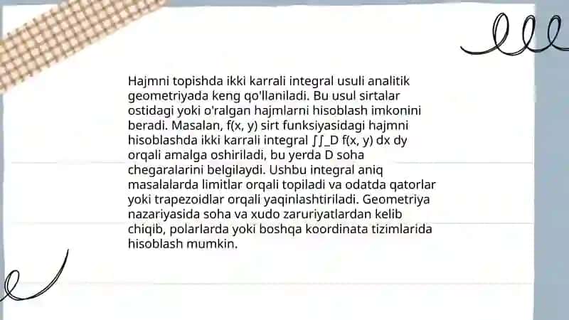 Ikki karrali integralning ba'zi tadbiqlariga doir misollar 4