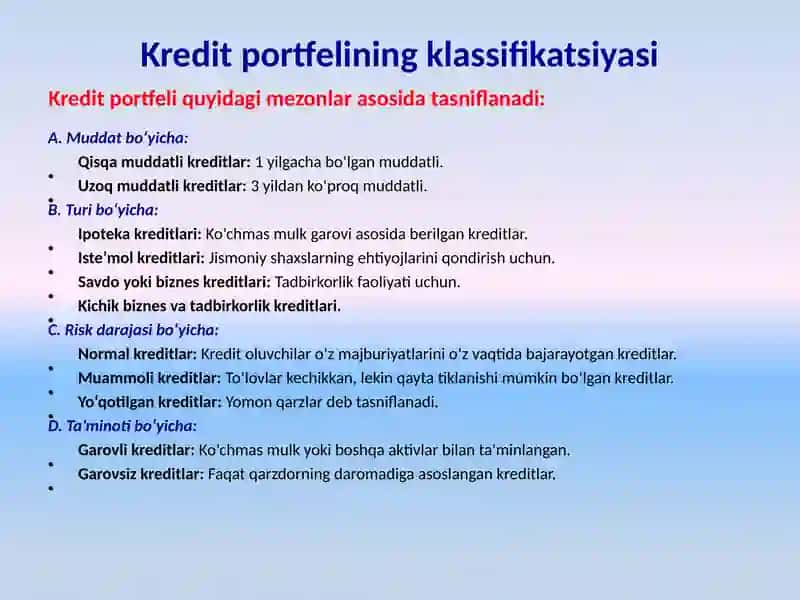 BANK KREDIT PORTFELI. BANK KREDITLARINING KLASSIFIKATSIYASI. RISKLAR VA ULARNING TURLARI. 4