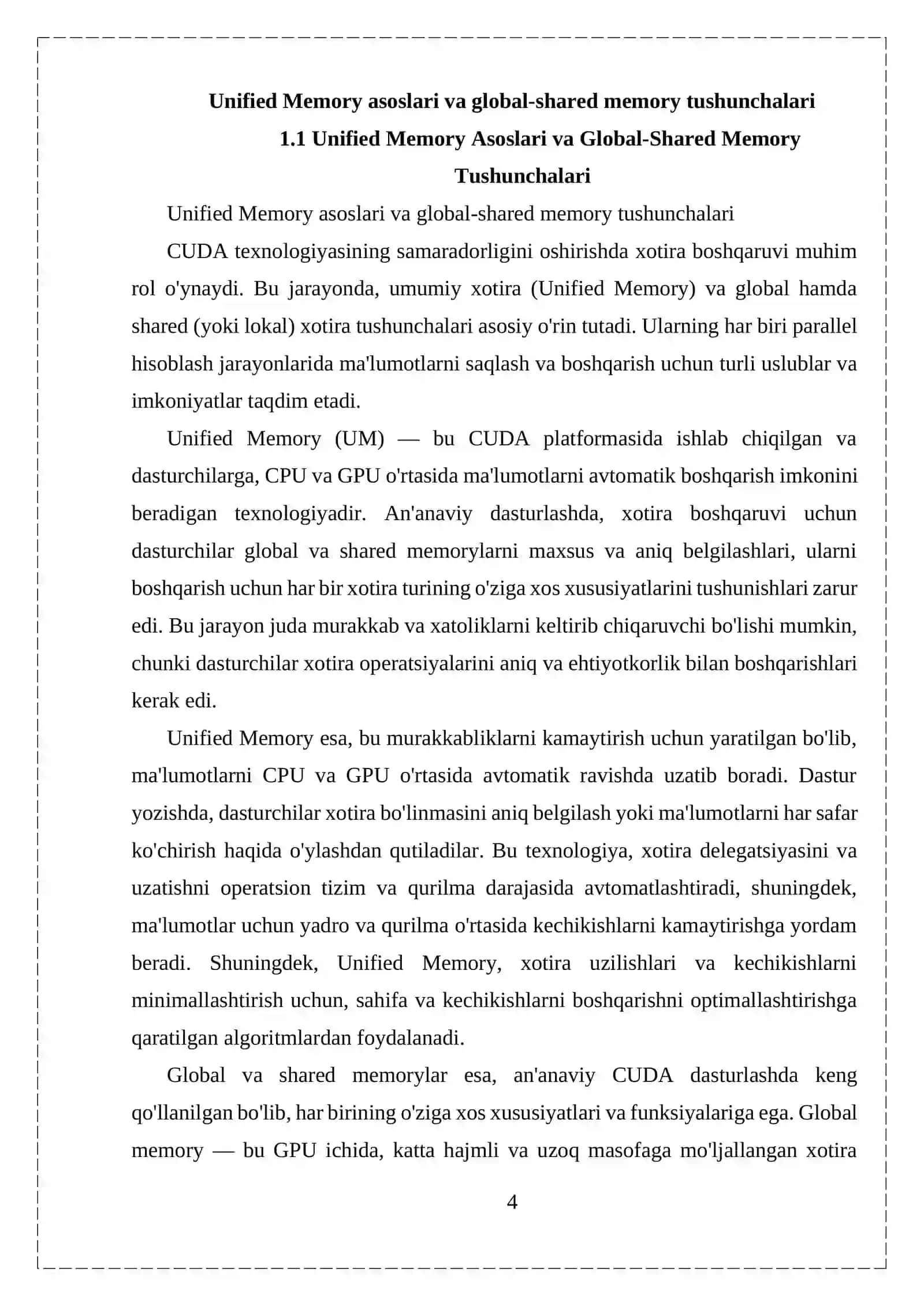 CUDA UNIFIED MEMORY TEXNOLOGIYASINING GLOBAL VA SHARED MEMORY BOSHQARUVI BILAN QIYOSIY SAMARADORLIK TAHLILI 4