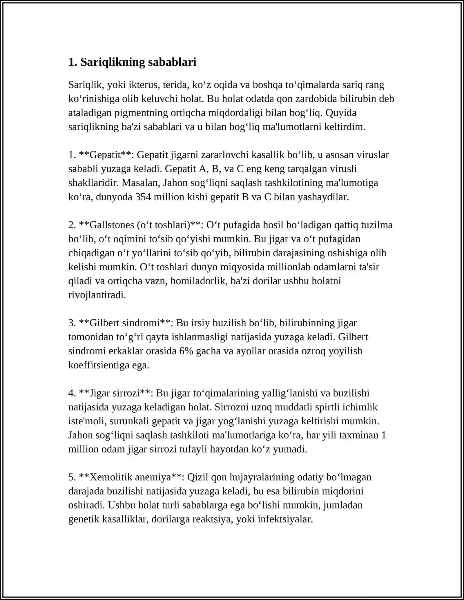 ASOSIY KLINIK SINDROMLAR XAQIDA TUSHUNCHA: SARIQLIK, PORTAL GIPERTENZIYA, JIGAR YETISHMOVCHILIGI. SURUNKALI XOLESISTIT VA GEPATITLARNI SIMPTOMATOLOGIYASI. JIGAR SIRROZLARI SIMPTOMATOLOGIYASI 4