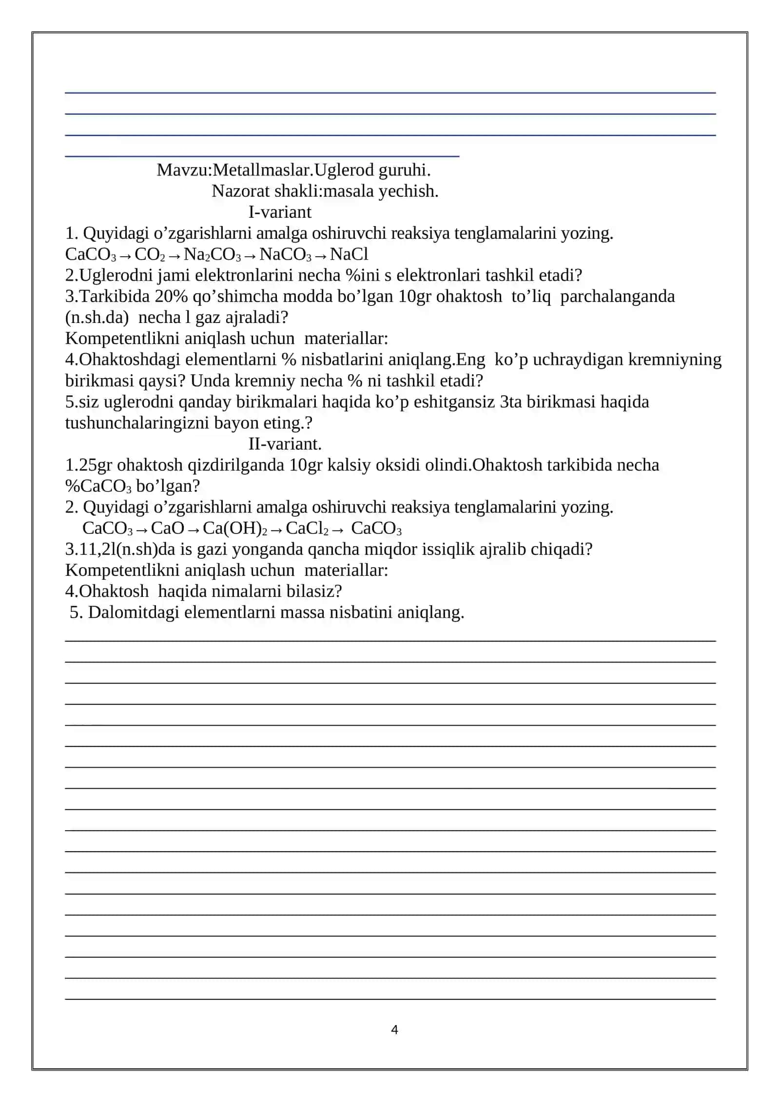 9-sinf kimyo nazorat ishi daftar 4