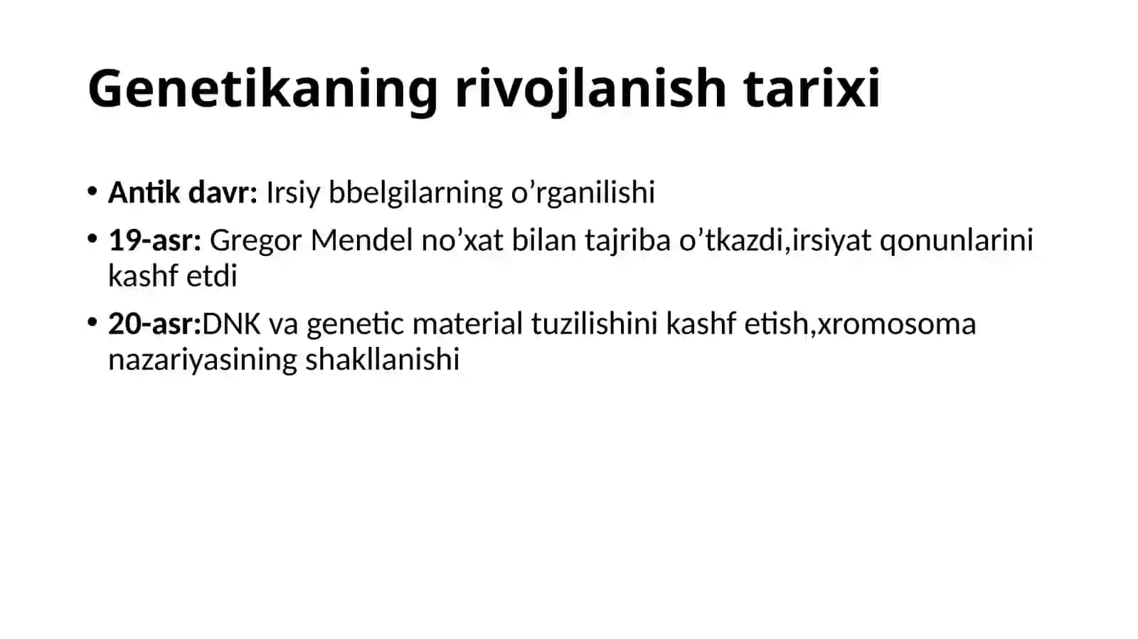 genetikaning rivojlanish tarixi, belgilarning irsiylanishi, genlarning o’zaro ta’siri, xromosoma nazariyasi va jins genetikasi 4