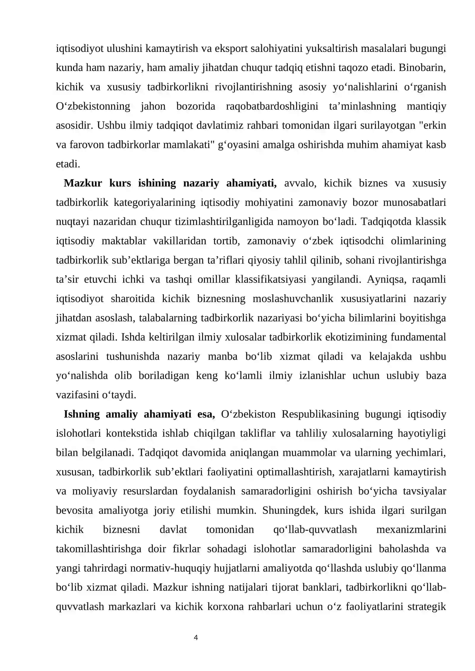 O‘zbekistonda kichik va xususiy tadbirkorlikni rivojlantirishning asosiy yo‘nalishlari. 4