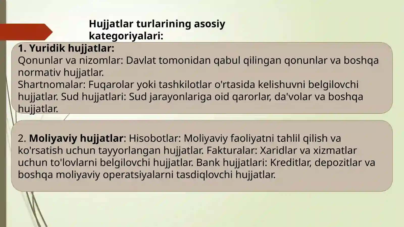 Hujjatlar—ma'lumotnisaqlash,tarqatishvauzatishmaqsadidayozilganyokielektronshakldatayyorlanganrasmiyyokinorasmiyhujatlardir 4