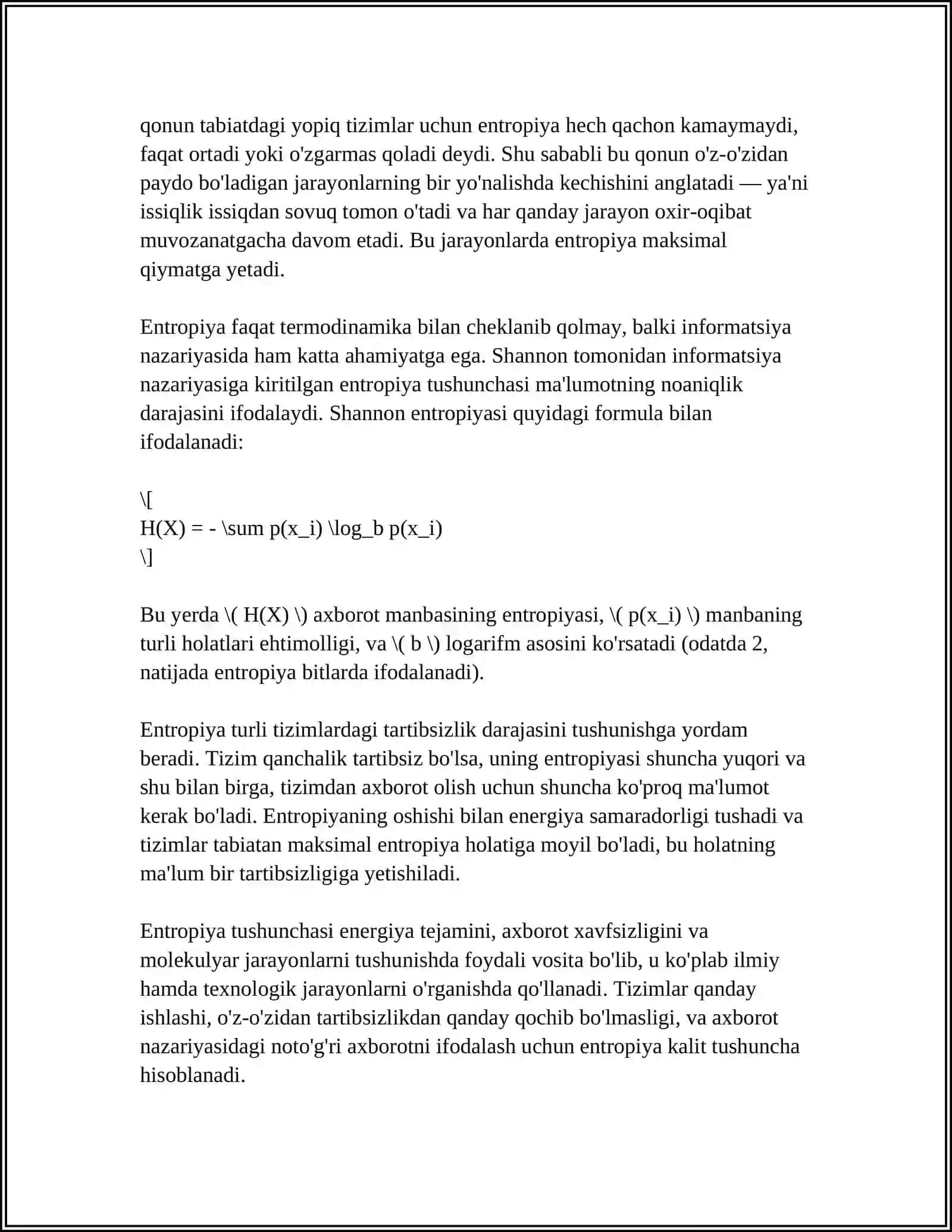 OCHIQ TIZIMLARDA ENTROPIYANING LOKAL KAMAYISHI.DISSIPATIV STRUKTURALAR 4