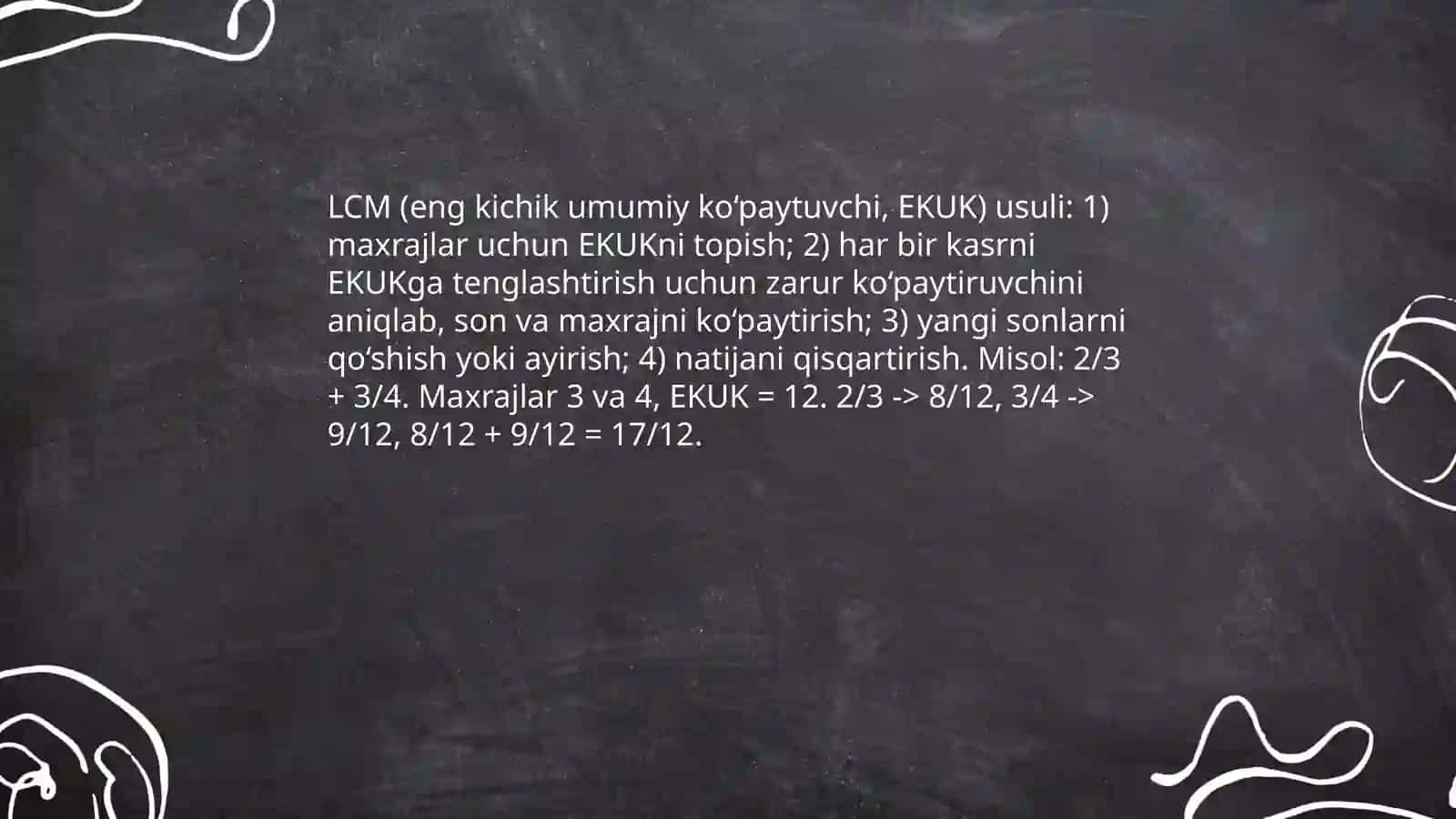 Har xil maxrajli kasrlarni qo'shish va ayirishga oid ma'lumotlarni tõplash va misollar yechish 4
