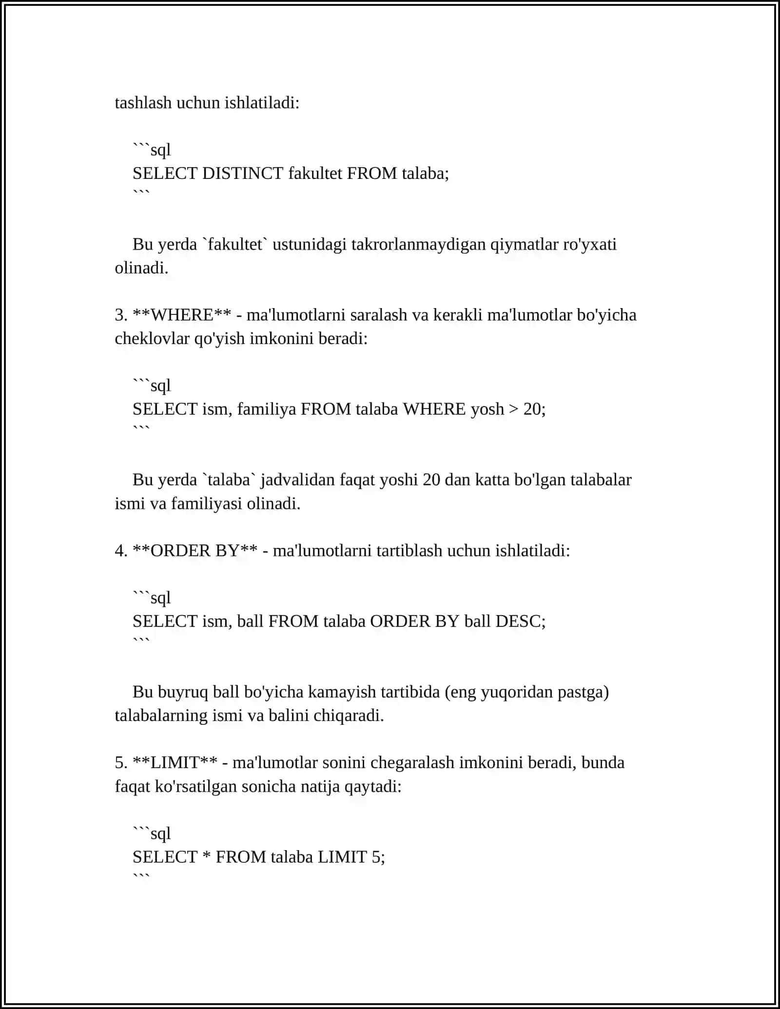 SQL TILIDA TARTIBLASH SO'ROVLARI 4