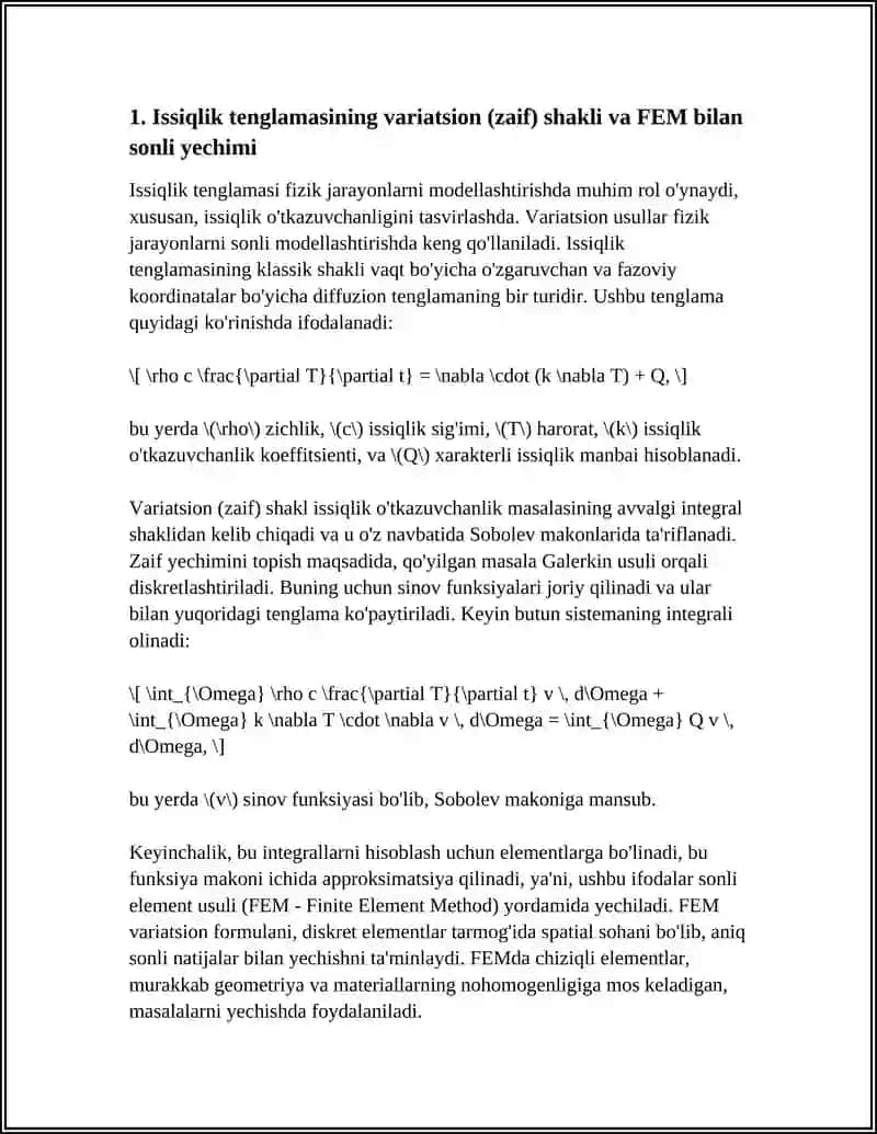 FIZIK JARAYONLARNI (ISSIQLIK, DIFFUZIYA, TOLQIN) VARIATSION USUL YORDAMIDA SONLI MODELLASHTIRISH 4