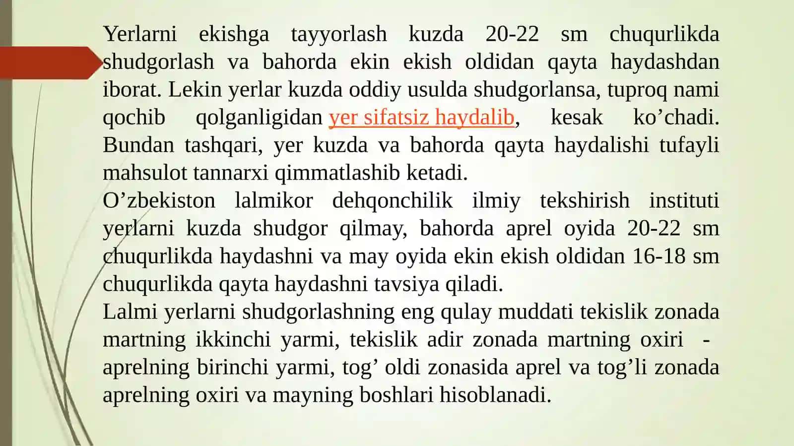 YER MAYDONINI (LALMIKOR YERLARDA) TANLASH VA TUPROQQA ISHLOV BERISH TEXNOLOGIYASI 4