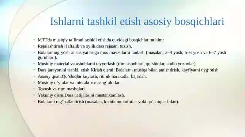 MTTda musiqiy ta’lim berish metodikasi bo‘yicha ishlarni tashkil etish 4