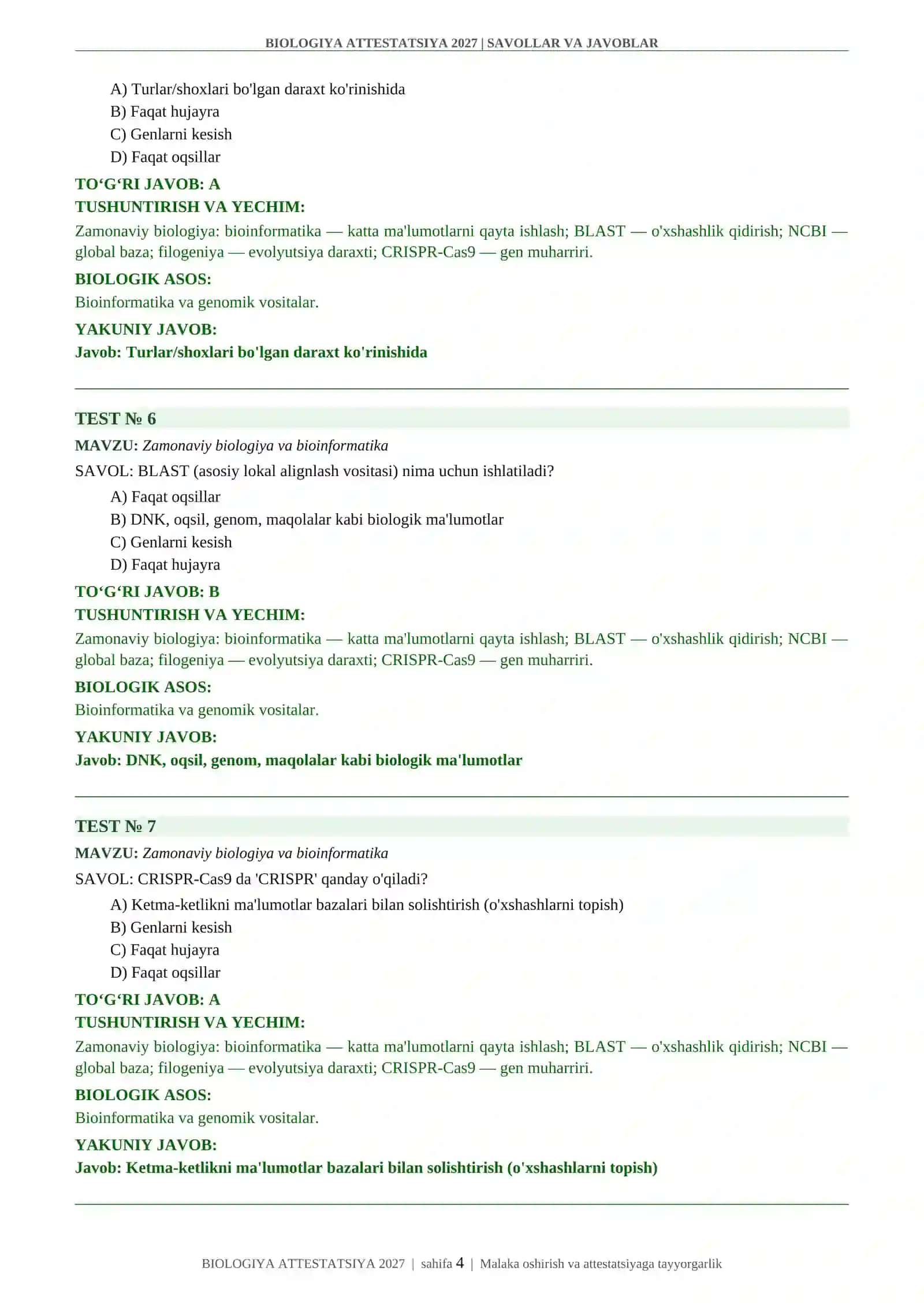 BIOLOGIYA ATTESTATSIYA 2027 | SAVOLLAR VA JAVOBLAR 4