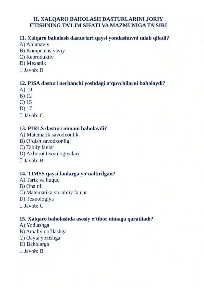 XALQARO BAHOLASH DASTURLARI ASOSIDA TABIIY FANLARNI OʻQITISH METODIKASI FANIDAN TAYYORLAGAN 4