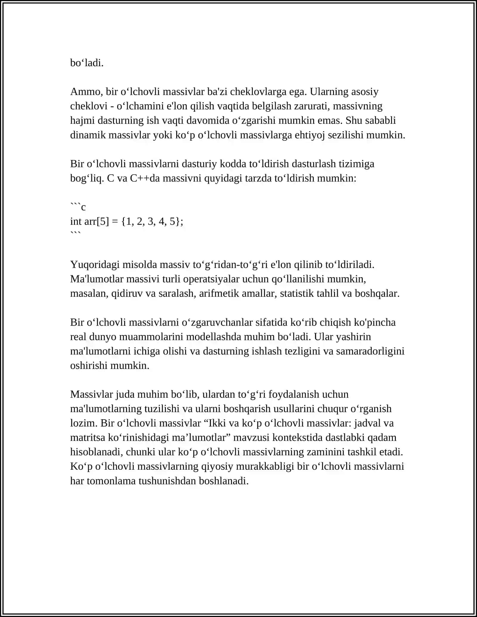 Bir o'lchovli massivlar: ta'rif va e'lon qilish 4