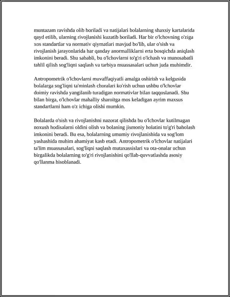 Antropometrik oʻlchovlar va standartlar: boʻy, vazn, bosh doirasi baholashi 4