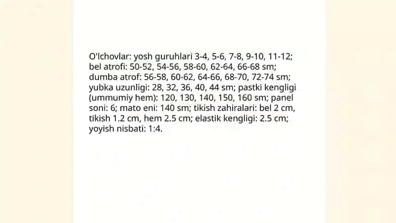 Qiz bolalar yubkalari uchun texnologik xaritasini tuzish, maketini tikish 4