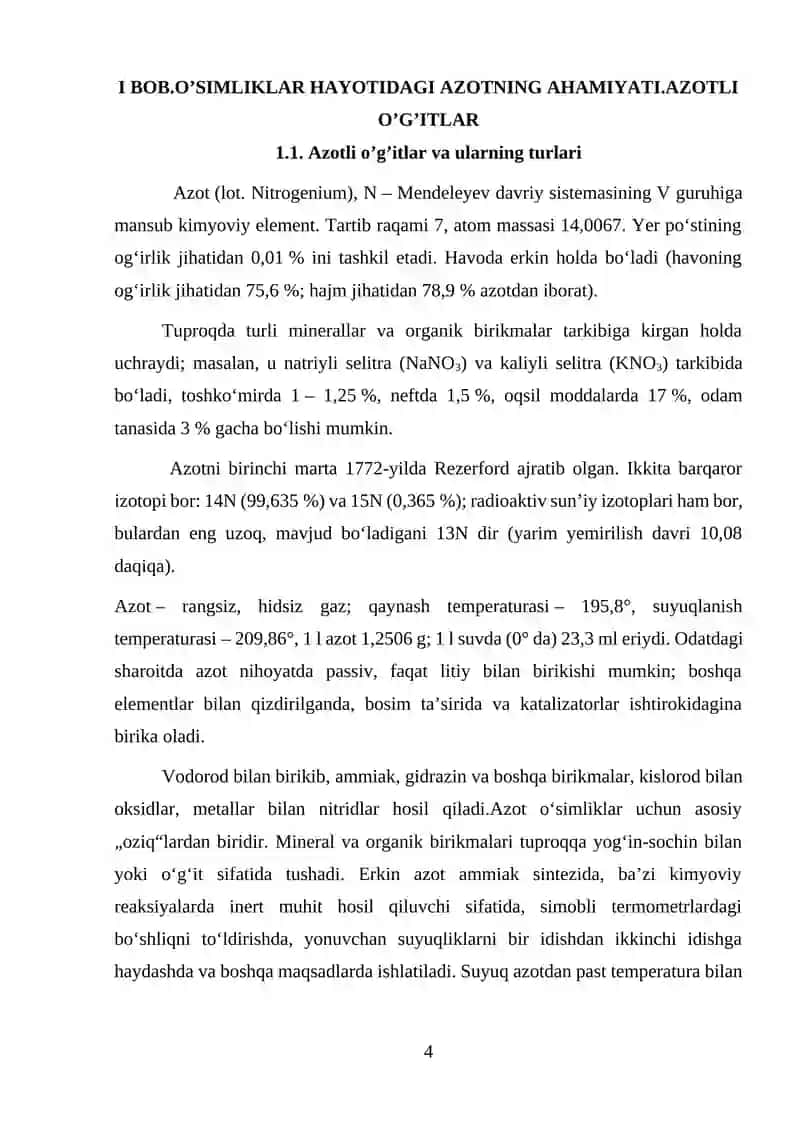 AZOTLI O'G'ITLAR; TURLARI, OLINISHI, XUSUSIYATLARI, QO'LLASH ME'YORLARI, MUDDATLARI VA USULLARI 4