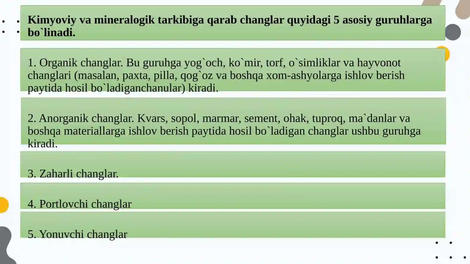 Xavoni xar xil gazlardan, turli xil chang zarralaridan tozalash usullari 4