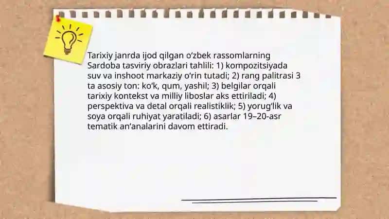 Sardoba mavzusida kompozitsiya yaratish, tarixiy janrda ijod qilgan oʻzbek rassomlari va asarlari tahlili 4
