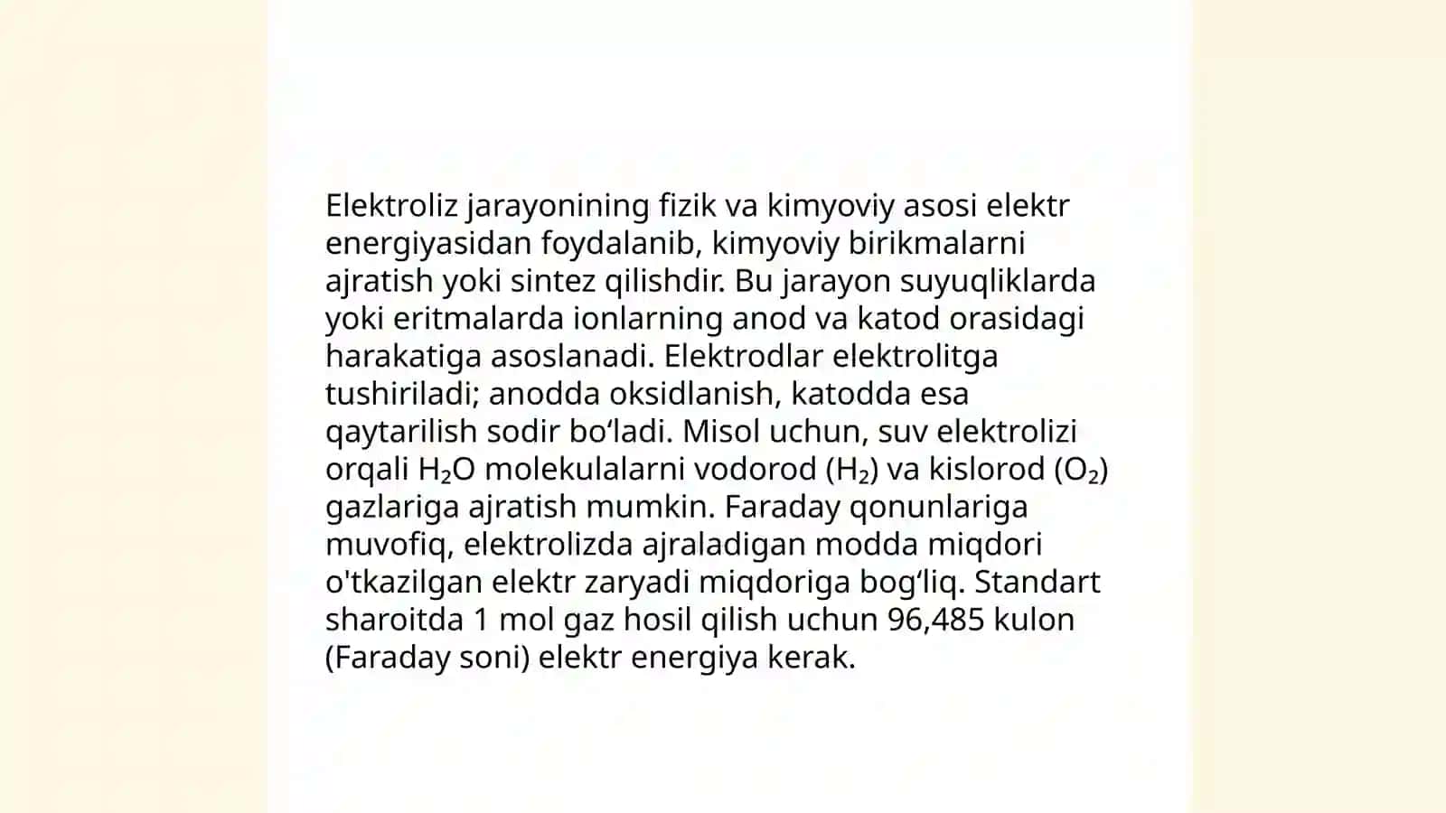Elektroliz. Faradey qonunlari. Elektrolitik eritmalar va suyuqlanmalarning elektrolizi 4