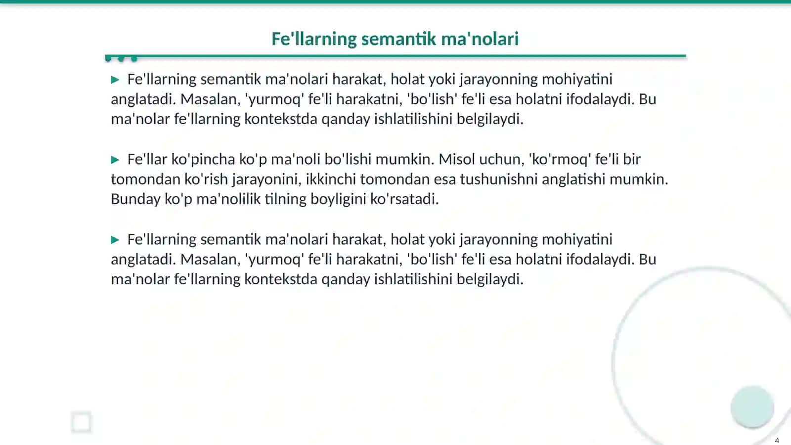 Fe'llarning semantik ma'nolari va kategoriyalari 4