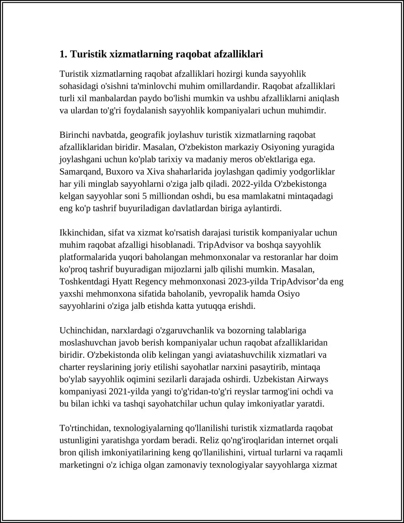 TURISTIK XIZMATLAR SOHASIDA RAQOBAT STRATEGIYASINI ISHLAB CHIQISH 4