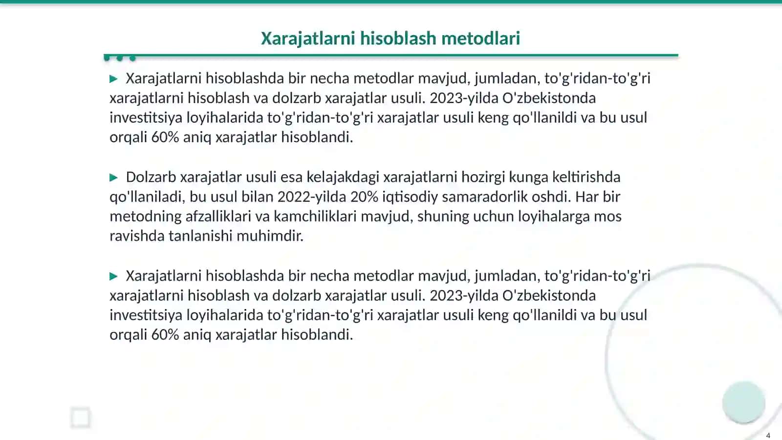 Investitsiya loyihalarida xarajatlar tahlili 4