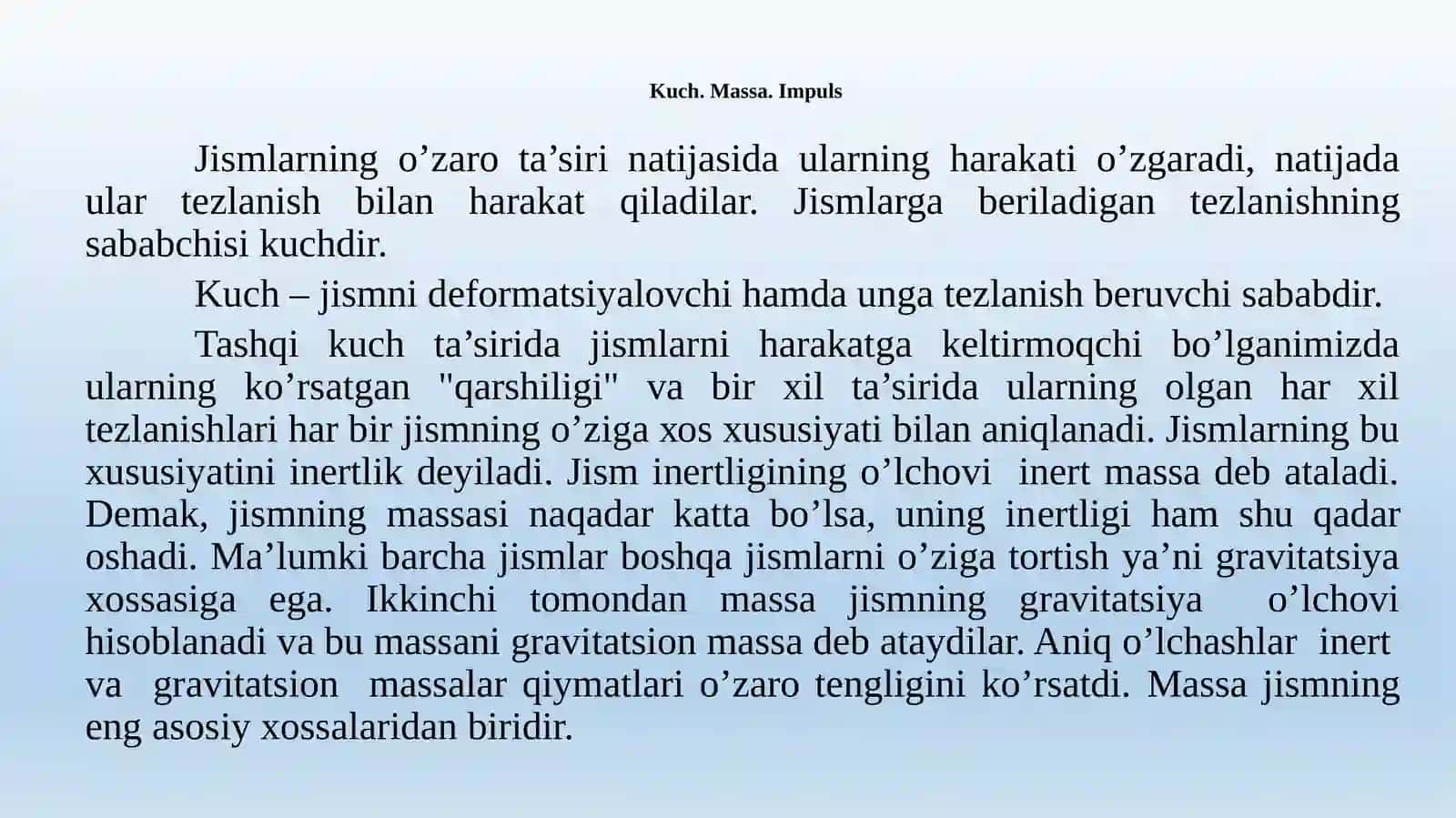 Mexanikaning dinamika bo’limida jismlar harakatini mazkur harakatni yuzaga kеltiruvchi sabablar mоhiyati bilan bоg’lab o’rganiladi 4