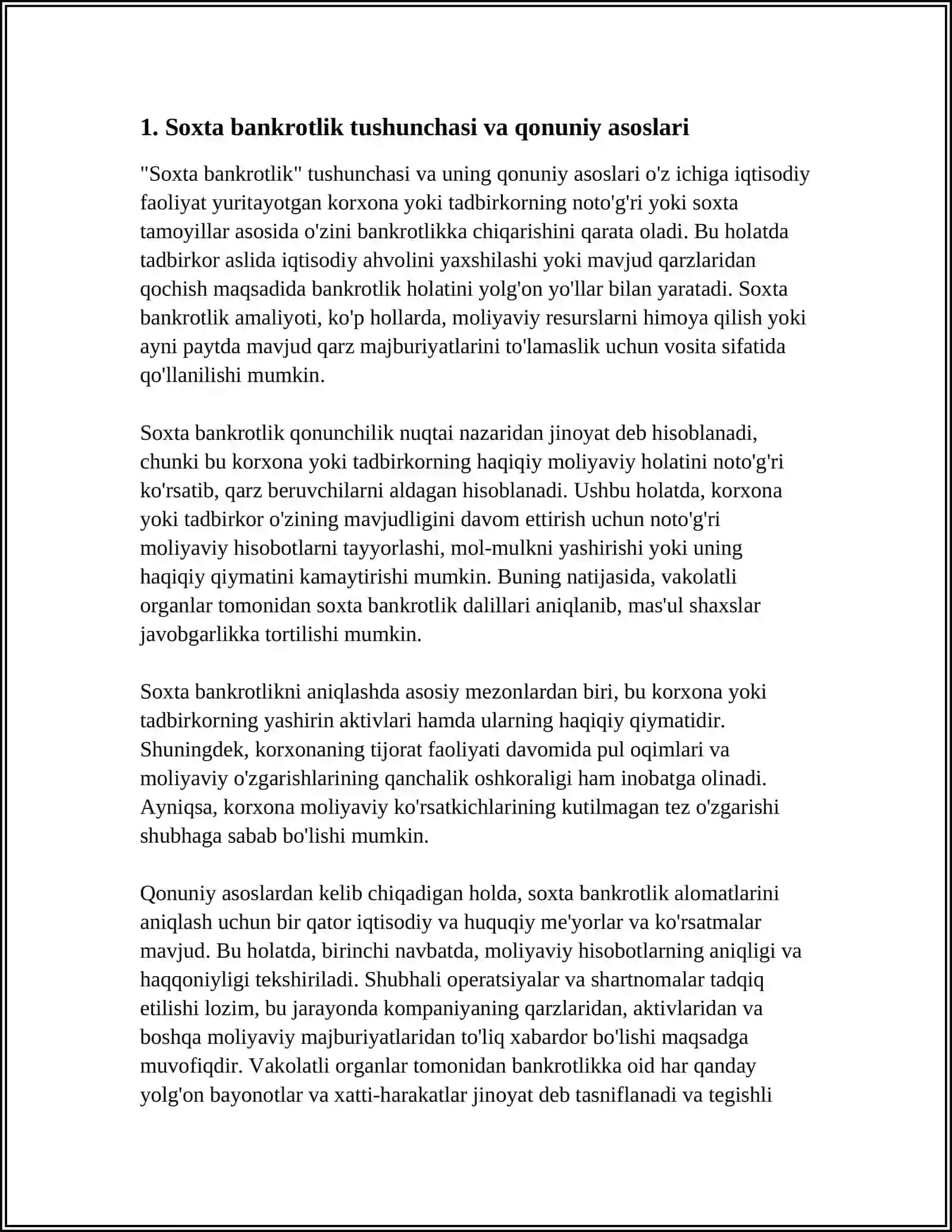 SOXTA BANKROTLIK, BANKROTLIKNI YASHIRISH VA QASTDAN BANKROTLIKGA OLIB KELISH ALOMATLARINI ANIQLASH QOIDALARI 4
