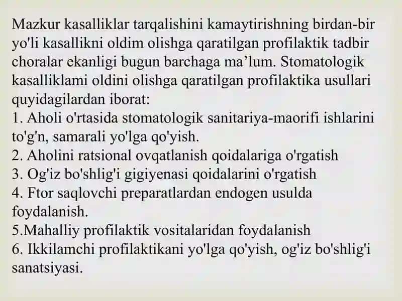 Bolalar va o’smirlarda stomatologik kasalliklar profilaktikasini o’tkazishning o’ziga xos xususuyatlari. 4