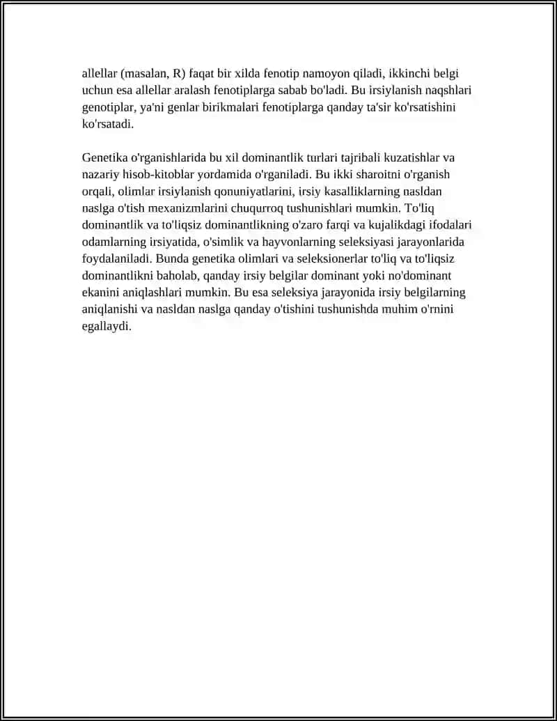 BIR BELGI BÕYICHA TÕLIQ, IKKINCHI BELGI BÕYICHA TÕLIQSIZ DOMINANTLIK HOLATDAGI IRSIYLANISH 4