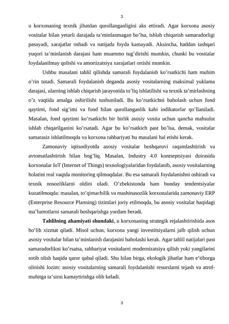 Korxonaning Asosiy Vositalar Bilan Ta’minlanish Darajasi va Ulardan Samarali Foydalanish Tahlili 4