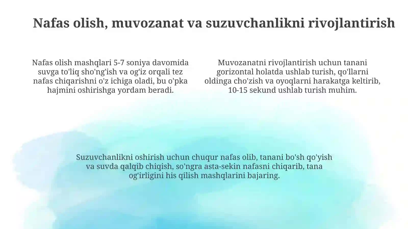 Suzishning usullarini oʻrgatish va oʻzlashtirish boʻyicha tayyorlov mashqlari 4
