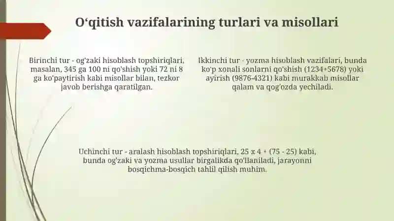 Koʻp xonali manfiy boʻlmagan butun sonlar ustida ogʻzaki va yozma hisoblashga doir didaktik topshiriqlar 4
