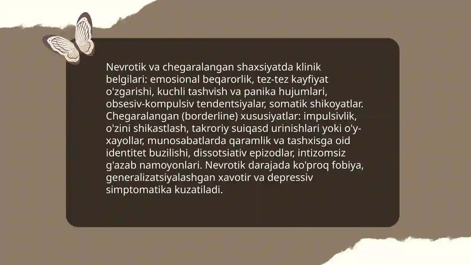 Shaxs taraqqiyotining psixotik chegaralangan va nevrotik darajalari 4