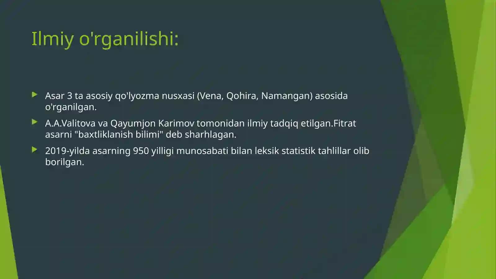 "Qutadg'ubilig", "Hibatul-haqoyiq"va"Devonihikmat"asarlariningtilxususiyatlari,ilmiyo'rganilishi 4