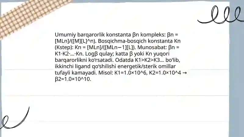 Kompleks birikmalarni dissotsiyanishi va kompleks ionlarning barqarorligini solishtirish 4
