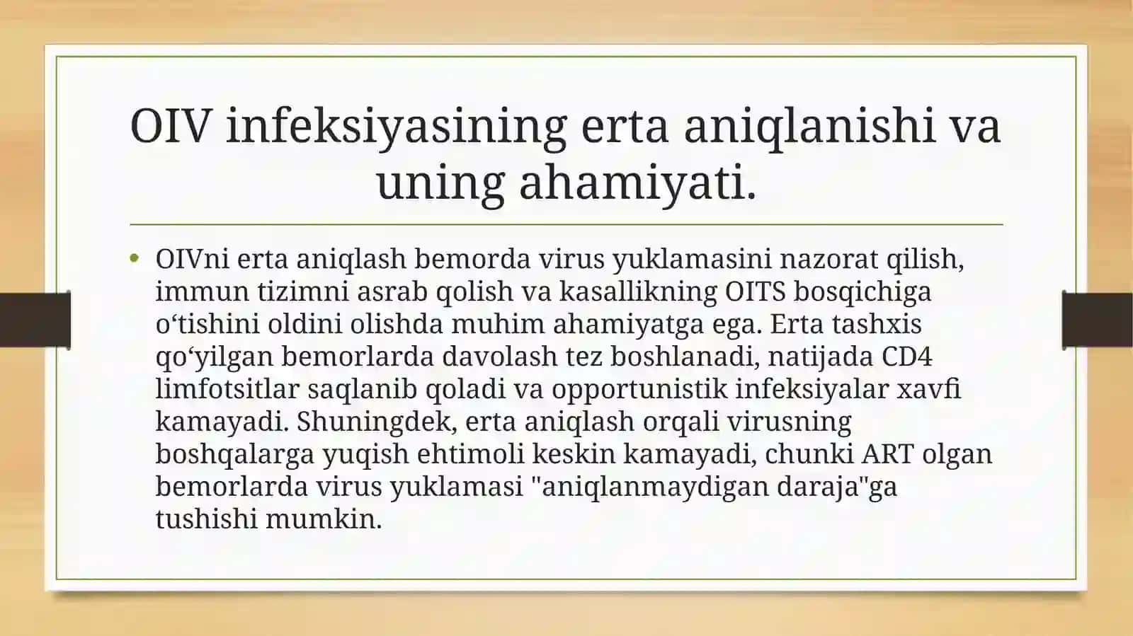OIV INFEKSIYASINING ERTA ANIQLANISHI VA ANTIRETOCIRUS (ART) ORQALI OIV BILAN YASHOVCHI SHAXSLARNING HAYOT SIFATINI YAXSHILASH CHORALARI 4