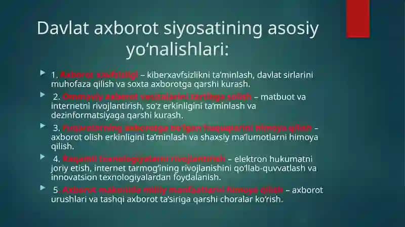 Davlatning axborot siyosati Davlatning iqtisodiy xavfsizlikni ta’minlash  siyosati 4