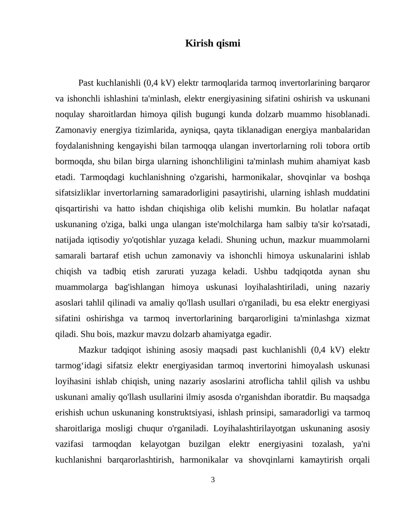 Tarmoq invertorini past kuchlanishli elektr tarmog‘idagi  (0,4 kV) sifatsiz elektr energiyadan himoyalash uskunasi 4